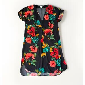 A New Day Black Floral Shift Dress Size M V-Neck Crepe